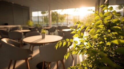 Sunlight streams into a modern cafe with light gray furniture and greenery