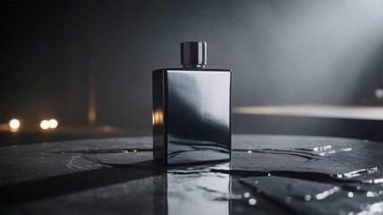 Sleek black perfume bottle stands on a wet, reflective surface with blurred lights in the background.