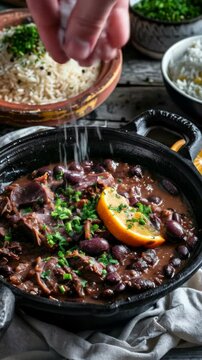 Hearty Italian-Brazilian feijoada stew with black beans, pork, sausage, vegetables in a cast iron pot, served with rice, farofa and orange slices