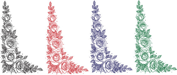 Colorful Grunge Floral Corner Ornament Set – Decorative Vintage Flower Border Vector