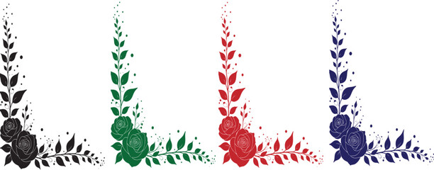 Colorful Grunge Floral Corner Ornament Set – Decorative Vintage Flower Border Vector