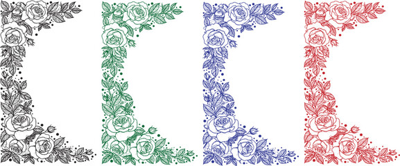 Colorful Grunge Floral Corner Ornament Set – Decorative Vintage Flower Border Vector