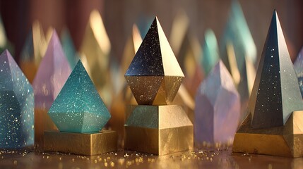 Golden, crystalline pyramids in pastel hues, glittering with specks