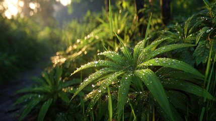 Lush, dewy foliage in a sunlit jungle