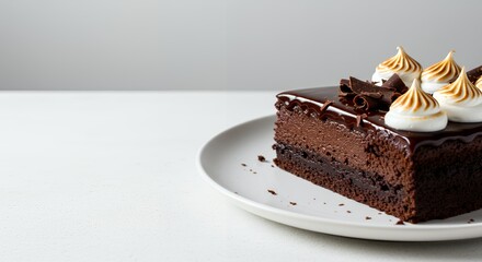 Indulge in Decadence: A Luscious Slice of Chocolate Mousse Cake Topped with Swirled Meringues and a Rich Chocolate Glaze, Ready to Delight Your Senses.