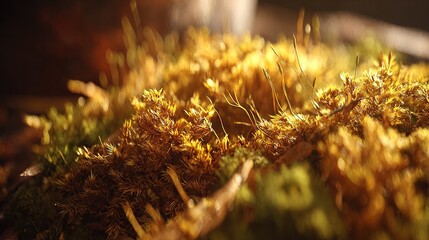 Close-up of vibrant golden-toned moss, illuminated by warm light, showcasing intricate details and textures