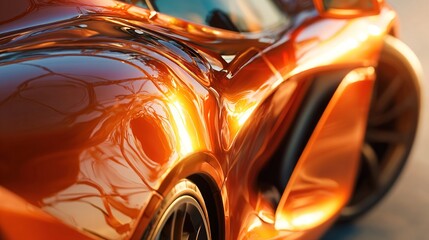 Close-up of a sleek, copper-colored sports car's rear quarter panel, reflecting sunlight