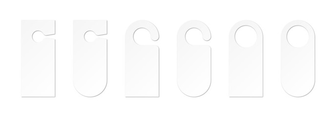 Realistic door hanger blank mockup white design set. Isolated hotel room paper hanger door card on white background. Doors hang marketing label, privacy stationery concept sign. Vector illustration.