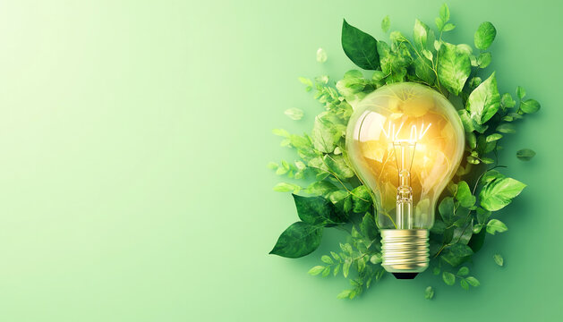 Eco friendly light bulb with green leaves conce