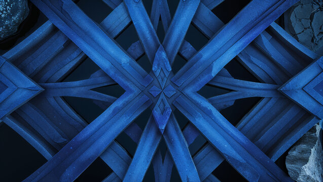 Abstract geometric composition featuring symmetrical overlapping blue elements with architectural and artistic details
