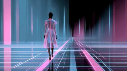 Creative journey through a digital landscape with vibrant colors and neon lights exploring technology and art - Powered by Adobe