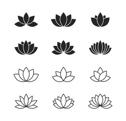 Lotus Floral Glyph And Line Style Icon Collection On White Background. Decorative Flower Set Vector Illustration