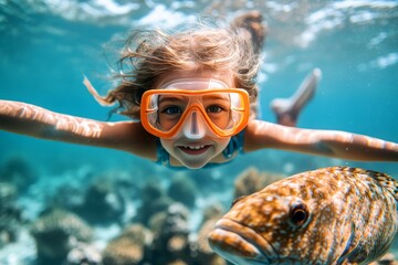 Swimming in risky waters. Encounter with dangerous atlantic goliath grouper while snorkeling. Snorkeling by reef. Dangerous epinephelus itajara and happy joy child girl swims among the corals.