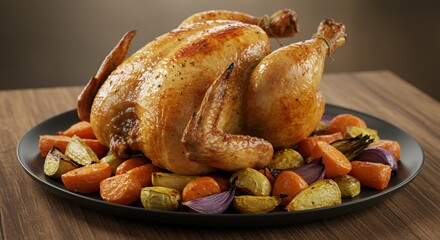 Golden-brown roasted chicken, glistening with savory juices, rests majestically on a dark platter surrounded by a medley of perfectly roasted root vegetables