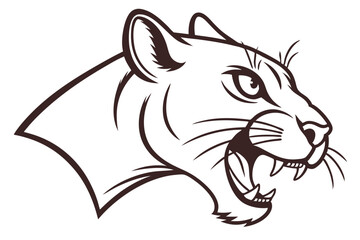 A fierce cougar roars, showing its sharp teeth in a monochrome illustration