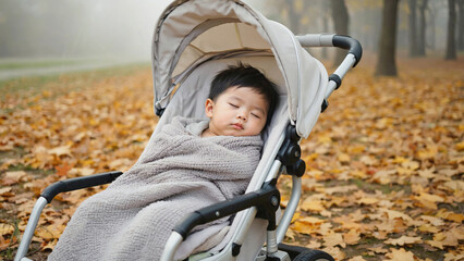 A baby is sleeping in a stroller, wrapped in a blanket