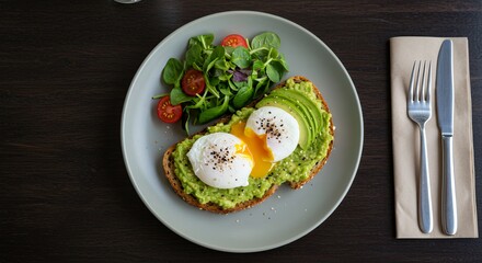 Indulge in a vibrant and healthy breakfast: perfectly poached eggs atop creamy avocado toast, complemented by a fresh side salad.