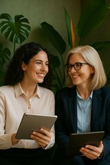 Smiling Diverse Businesswomen Using Digital Tablet and Talking in Modern Green Office – Vertical Image