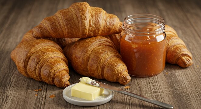 Golden-brown croissants, a jar of vibrant apricot jam, and a pat of butter create a rustic, inviting breakfast scene on a weathered wooden table.