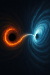 Abstract illustration of red and blue swirling black holes connected by energy stream symbolizing cosmic forces space phenomena and science fiction concept
