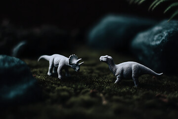 Dinosaurs explore prehistoric landscape diorama scene