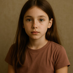 Portrait of serious young girl with long brown hair and neutral expression against plain background symbolizing innocence introspection and natural childhood emotion