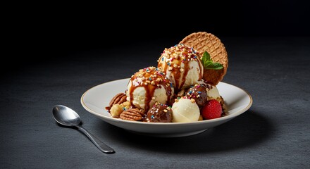 Indulge in Decadence: A Gourmet Ice Cream Sundae with Caramel, Nuts, and Chocolate Delights