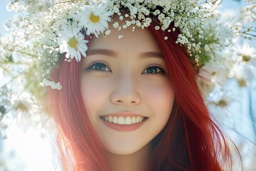 Happy sunny days conceptual art. Happy attractive asian young woman with red hair wearing white flower circlet on her head. Morning rays. Elegant bohemian style for summer.