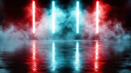 Naklejka premium A dynamic scene featuring neon lights in red and blue hues cutting through a foggy environment, creating a striking visual impact perfect for nightlife and modern rhythm.