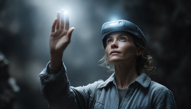 Futuristic speleologist exploring cave with advanced headlamp, reaching toward glowing light, focused expression adventure discovery