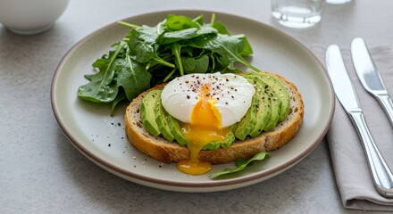 Indulge in a delightful breakfast: perfectly poached egg atop creamy avocado toast, garnished with fresh arugula and a sprinkle of black pepper, a culinary masterpiece ready to savor.