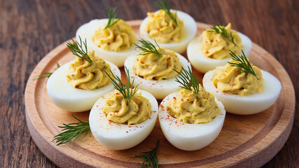 A wooden plate filled with deviled eggs and topped with mustard, perfect for snacks or appetizers