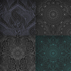 Set of oriental ethnic seamless patterns in a dark colors with leaves and abstract ornaments