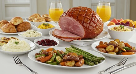 A Bountiful Easter Ham Feast: A Table Set with Roasted Vegetables, Creamy Mashed Potatoes, and Golden-Brown Croissants Awaits.