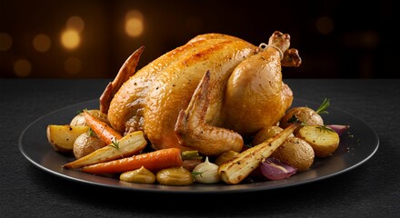 Golden-brown Roast Chicken with Roasted Root Vegetables, a Festive Feast Ready to Serve