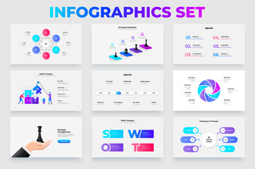 Colorful infographic templates with business concepts, charts, and organizational strategies for professional presentations. SWOT, strategy, agenda and McKinsey 7S diagrams
