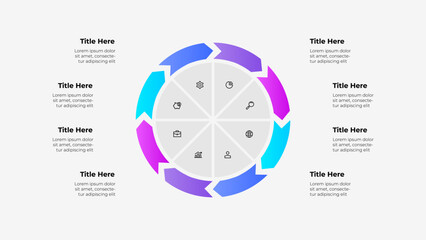 A vibrant infographic with a circular design divided into 8 parts, accompanied by colorful arrows and relevant symbols, perfect for business, strategy, or planning presentations