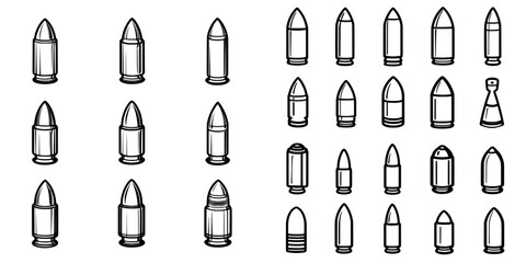 The icons feature a bullet icon, weapon ammo icon, and cartridges icons in a modern style, as well as bullets silhouette, speeding bullet icon, and bullet line icon