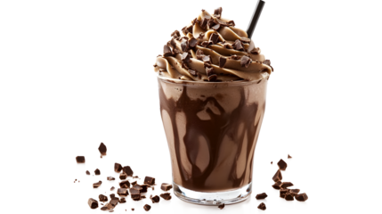 A chocolate drink with whipped cream and chocolate chips on top