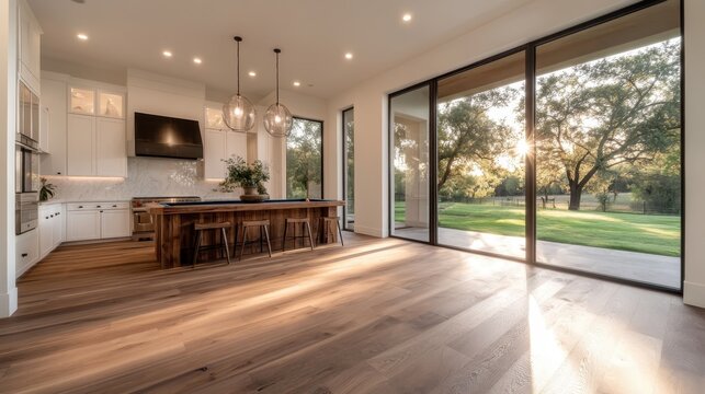 A spacious modern kitchen bathed in warm sunlight, featuring sleek cabinetry and an inviting open layout, perfect for family gatherings and culinary creativity.