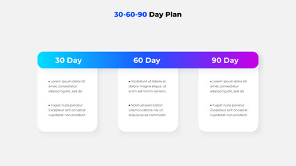 Colorful and sleek 30-60-90 day plan infographic, perfect for project planning, goal setting, and business presentations. Organized timeline with bullet points for concise and effective communication