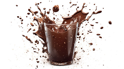 A glass of chocolate milk with a splash of milk on the side