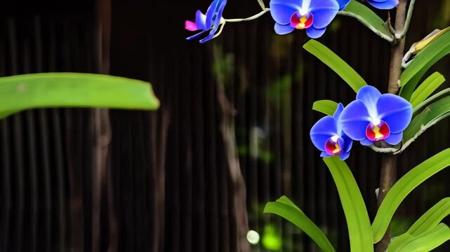 Captivating close-up of vibrant blue Vanda orchid flowers with white speckles, revealing delicate floral details against dark backdrop