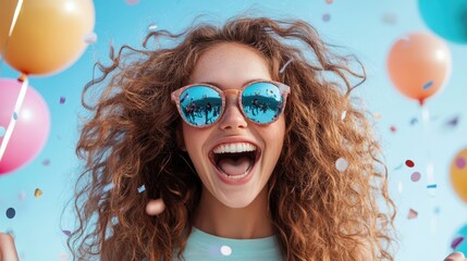 A cheerful young woman in stylish sunglasses celebrates joyfully amidst colorful balloons and confetti, perfectly capturing the spirit of fun and youthful exuberance.