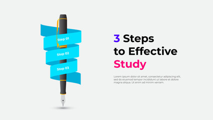 Conceptual illustration showcasing a pen wrapped with three ribbons, representing three effective study steps. Ideal for educational, tutorial, and productivity projects and presentations