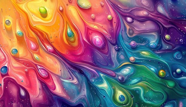 Vibrant abstract swirling paint with colorful drops and beads