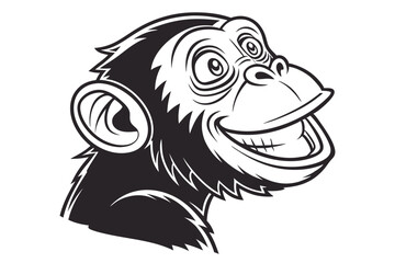 Black and white cartoon chimp with a large smile looks gleefully to its right