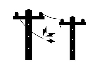 Black broken electric wire of high power voltage pole is damaged and short circuit spark cause danger electrocution risk icon flat vector design