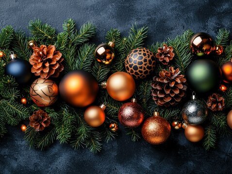 Festive Christmas Ornaments and Pine Cones on Dark Rustic Background