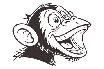 Cartoon chimpanzee head smiles widely revealing teeth in a monochrome close up outline